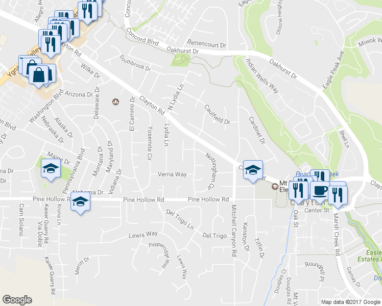 map of restaurants, bars, coffee shops, grocery stores, and more near 7 Atchinson Stage Road in Clayton