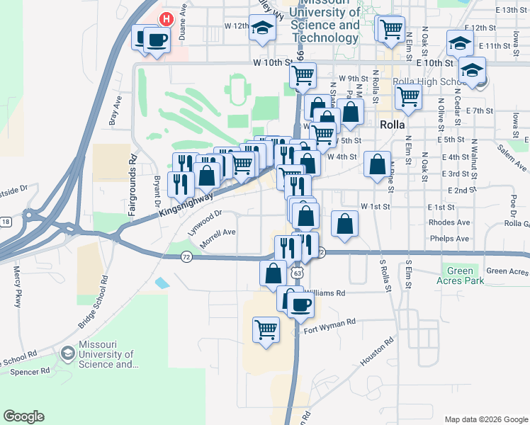 map of restaurants, bars, coffee shops, grocery stores, and more near 809 Black Street in Rolla