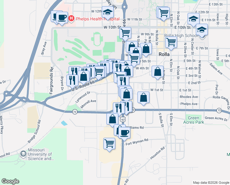 map of restaurants, bars, coffee shops, grocery stores, and more near 809 Black Street in Rolla