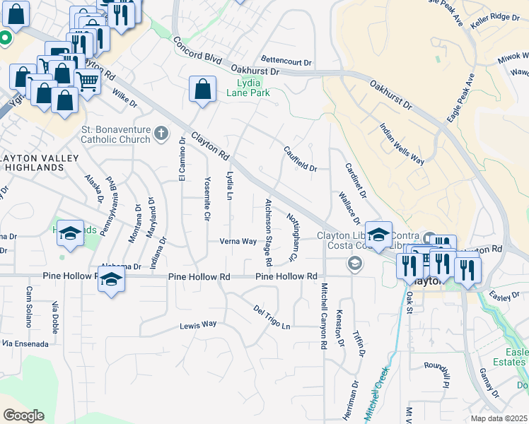 map of restaurants, bars, coffee shops, grocery stores, and more near 7 Atchinson Stage Road in Clayton