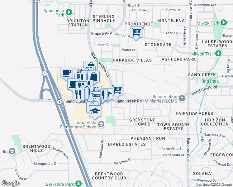 map of restaurants, bars, coffee shops, grocery stores, and more near 2101 Sand Creek Road in Brentwood