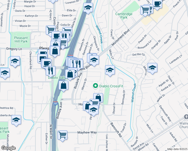 map of restaurants, bars, coffee shops, grocery stores, and more near 169 Agnes Way in Pleasant Hill