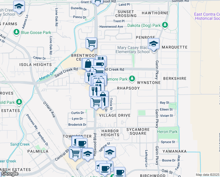 map of restaurants, bars, coffee shops, grocery stores, and more near 220 Whispering Oaks Court in Brentwood