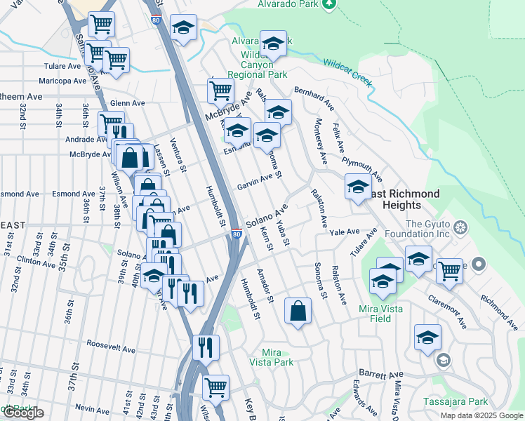 map of restaurants, bars, coffee shops, grocery stores, and more near 5511 Solano Avenue in Richmond