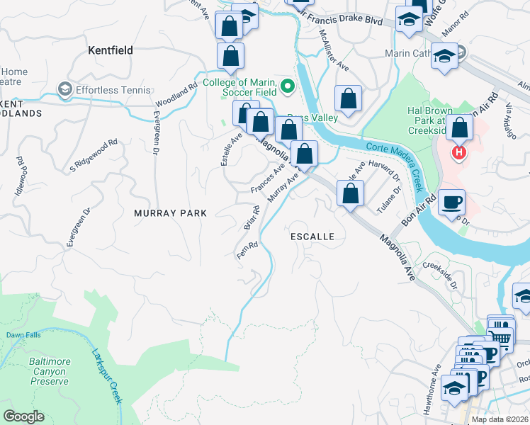 map of restaurants, bars, coffee shops, grocery stores, and more near 77 Murray Avenue in Larkspur
