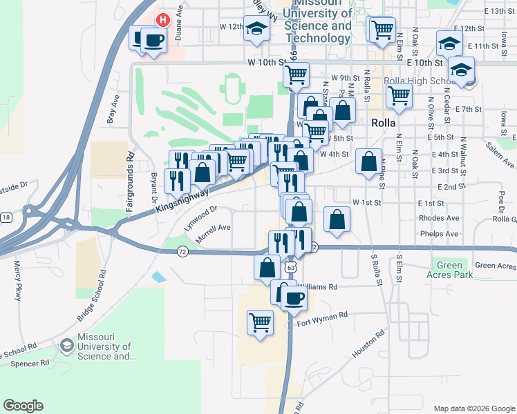 map of restaurants, bars, coffee shops, grocery stores, and more near 103 North Walker Avenue in Rolla