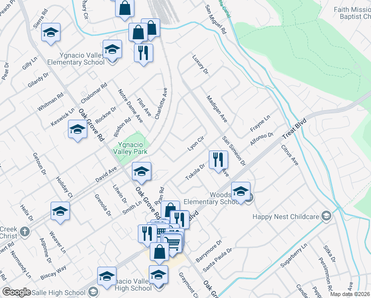 map of restaurants, bars, coffee shops, grocery stores, and more near 2690 Lyon Circle in Concord