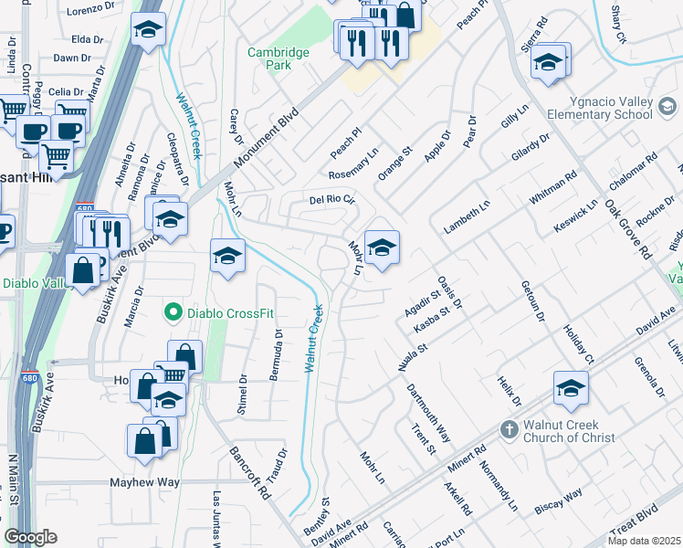 map of restaurants, bars, coffee shops, grocery stores, and more near 1360 Del Rio Court in Concord