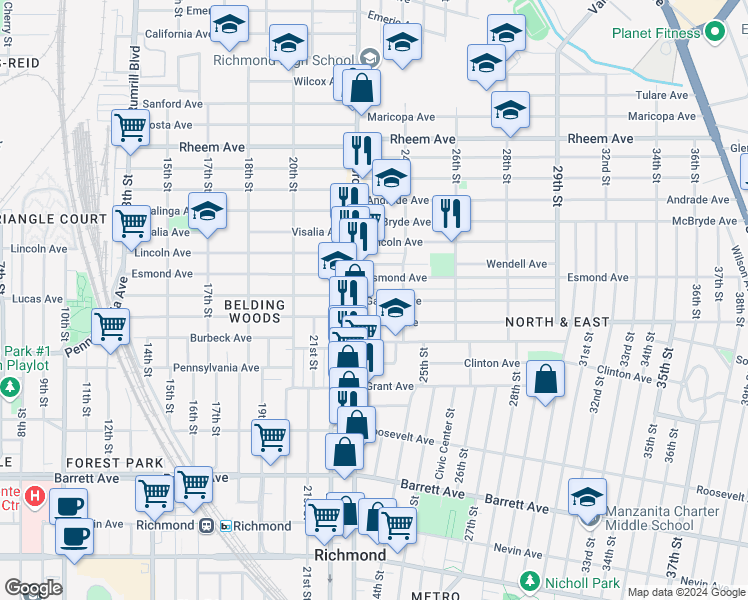 map of restaurants, bars, coffee shops, grocery stores, and more near 2373 Garvin Avenue in Richmond