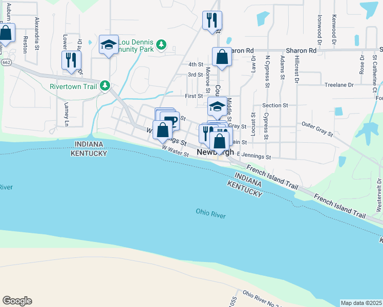 map of restaurants, bars, coffee shops, grocery stores, and more near 1 Madison Street in Newburgh