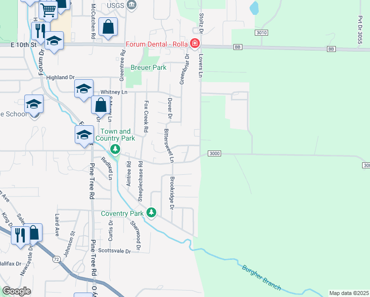 map of restaurants, bars, coffee shops, grocery stores, and more near 104 Oaktree Lane in Rolla