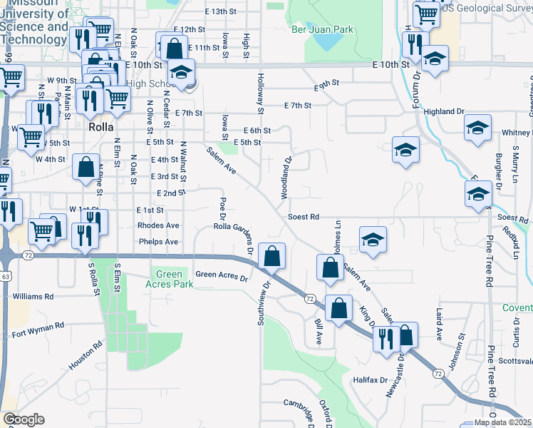 map of restaurants, bars, coffee shops, grocery stores, and more near 654 Salem Avenue in Rolla