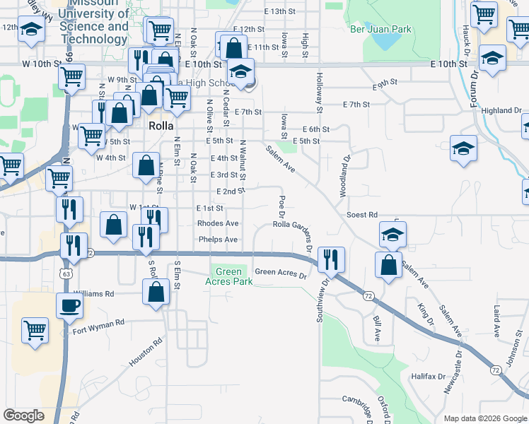 map of restaurants, bars, coffee shops, grocery stores, and more near 11 Rolla Gardens Drive in Rolla