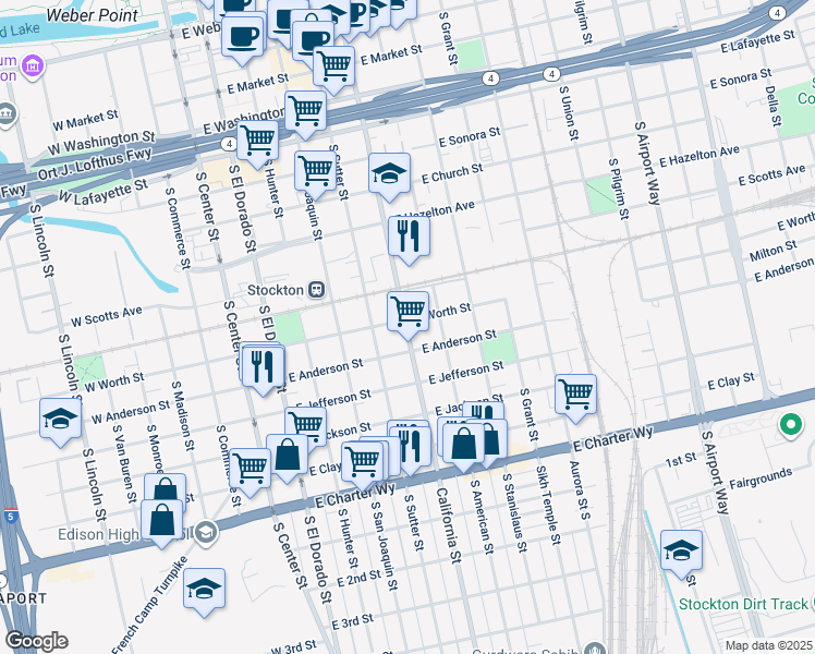 map of restaurants, bars, coffee shops, grocery stores, and more near 908 California Street in Stockton