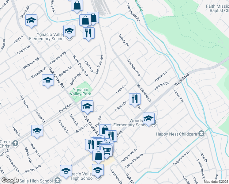 map of restaurants, bars, coffee shops, grocery stores, and more near 2695 Lyon Circle in Concord