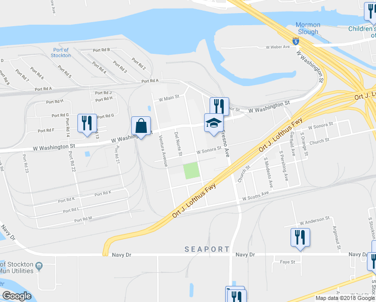 map of restaurants, bars, coffee shops, grocery stores, and more near 1819 West Sonora Street in Stockton
