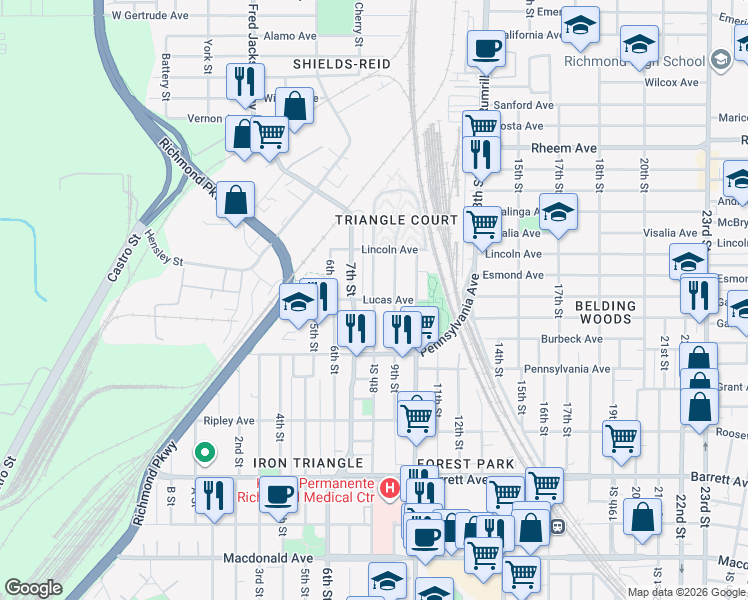 map of restaurants, bars, coffee shops, grocery stores, and more near 8th Street & Lucas Avenue in Richmond