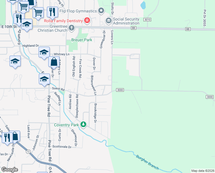 map of restaurants, bars, coffee shops, grocery stores, and more near 1816 Ashwood Drive in Rolla