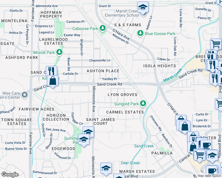 map of restaurants, bars, coffee shops, grocery stores, and more near Thompsons Dr & Comice Pkwy in Brentwood
