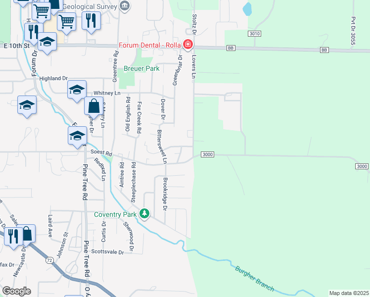 map of restaurants, bars, coffee shops, grocery stores, and more near 1812 Ashwood Drive in Rolla