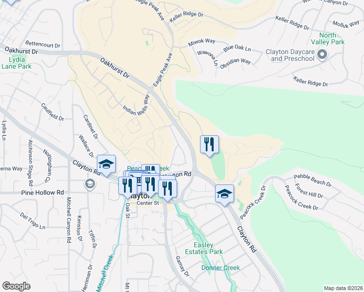 map of restaurants, bars, coffee shops, grocery stores, and more near 1359 Shell Lane in Clayton