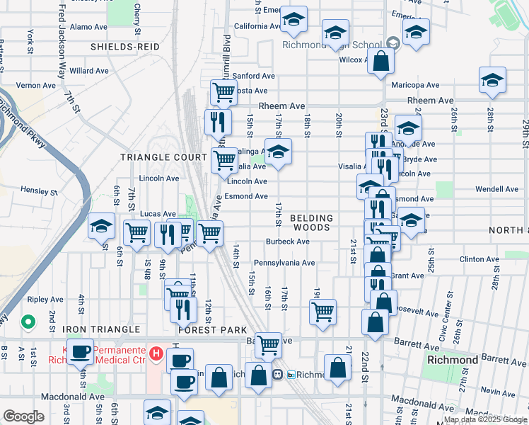 map of restaurants, bars, coffee shops, grocery stores, and more near 1521 Garvin Avenue in Richmond