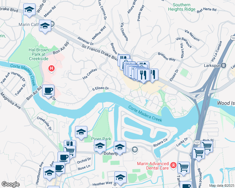 map of restaurants, bars, coffee shops, grocery stores, and more near 475 South Eliseo Drive in Larkspur