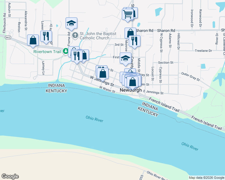 map of restaurants, bars, coffee shops, grocery stores, and more near 1 Madison Street in Newburgh