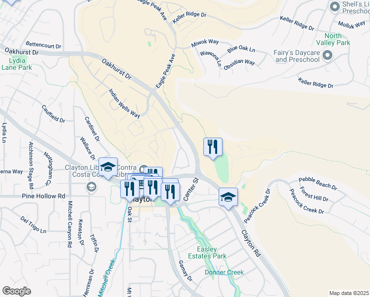 map of restaurants, bars, coffee shops, grocery stores, and more near 1359 Shell Lane in Clayton