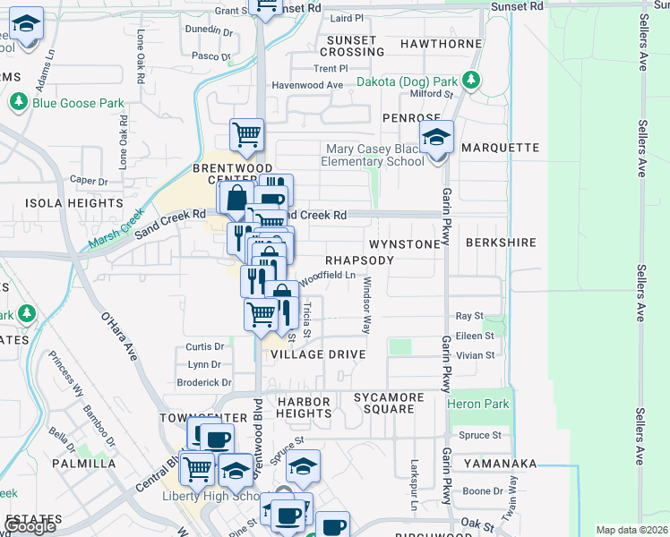 map of restaurants, bars, coffee shops, grocery stores, and more near 281 Woodfield Lane in Brentwood