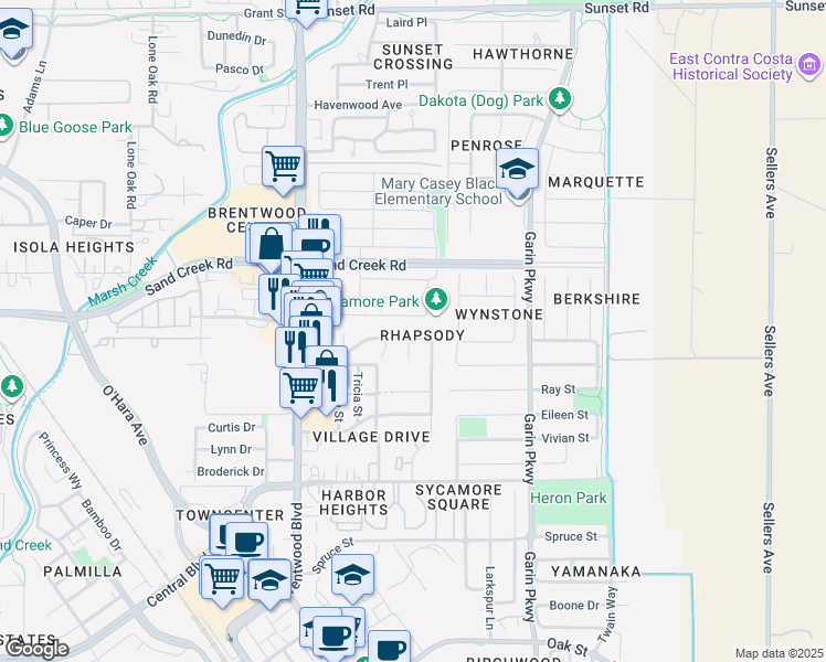 map of restaurants, bars, coffee shops, grocery stores, and more near 293 Woodfield Lane in Brentwood