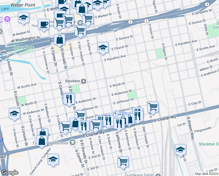 map of restaurants, bars, coffee shops, grocery stores, and more near 902 California Street in Stockton