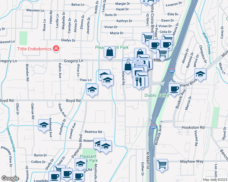 map of restaurants, bars, coffee shops, grocery stores, and more near 29 Richie Drive in Pleasant Hill