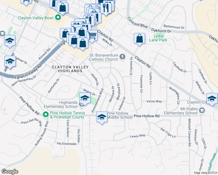 map of restaurants, bars, coffee shops, grocery stores, and more near 1406 Idaho Court in Concord