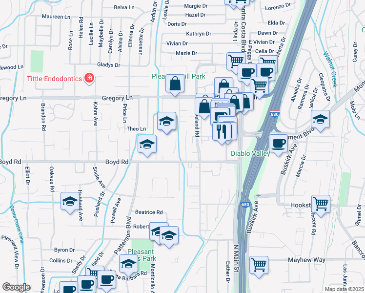 map of restaurants, bars, coffee shops, grocery stores, and more near 29 Richie Drive in Pleasant Hill