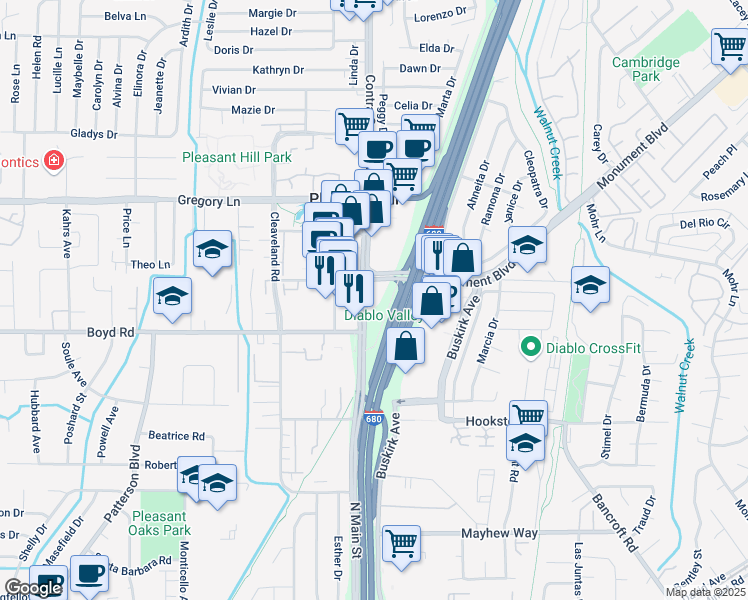 map of restaurants, bars, coffee shops, grocery stores, and more near 2300 Contra Costa Boulevard in Pleasant Hill