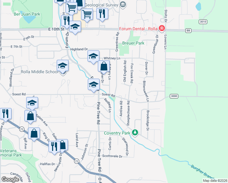 map of restaurants, bars, coffee shops, grocery stores, and more near in Rolla