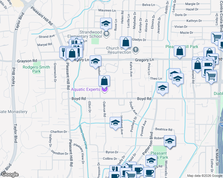 map of restaurants, bars, coffee shops, grocery stores, and more near 105 New Lane in Pleasant Hill