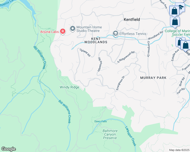 map of restaurants, bars, coffee shops, grocery stores, and more near 340 Crown Road in Kentfield