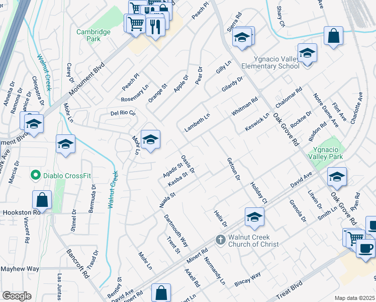 map of restaurants, bars, coffee shops, grocery stores, and more near 1738 Agadir Court in Concord