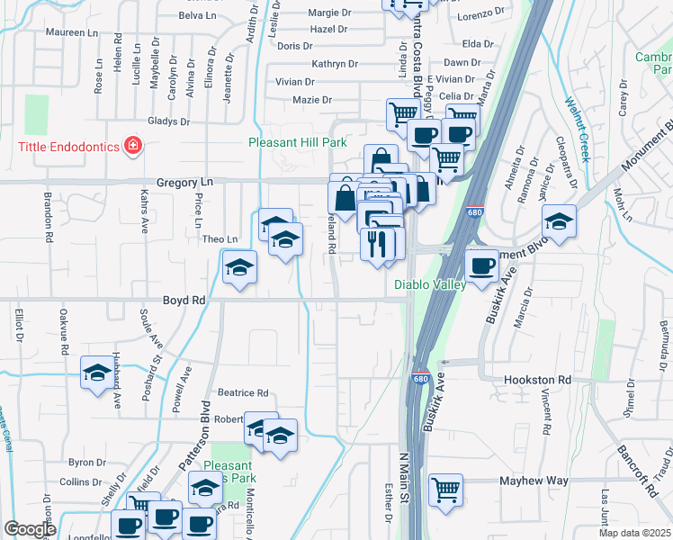 map of restaurants, bars, coffee shops, grocery stores, and more near 99 Cleaveland Road in Pleasant Hill