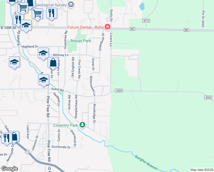 map of restaurants, bars, coffee shops, grocery stores, and more near 104 Oaktree Lane in Rolla
