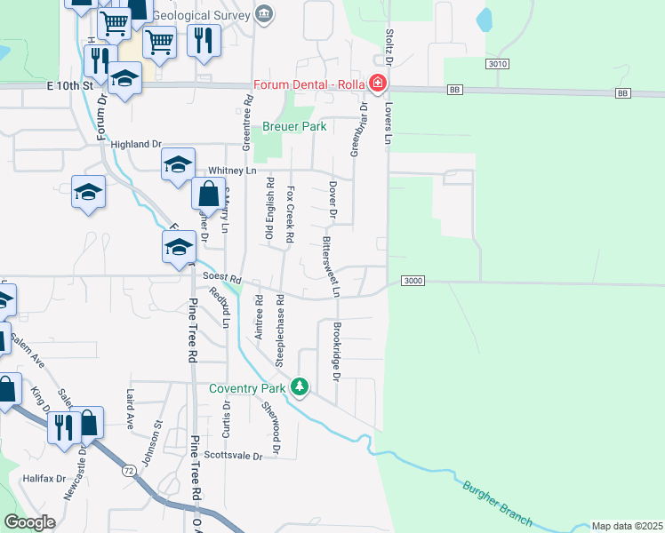 map of restaurants, bars, coffee shops, grocery stores, and more near 103 Bittersweet Lane in Rolla