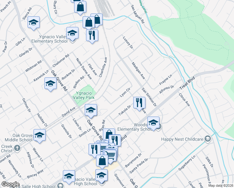 map of restaurants, bars, coffee shops, grocery stores, and more near 2690 Lyon Circle in Concord