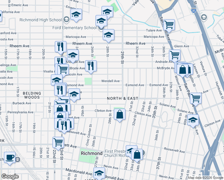 map of restaurants, bars, coffee shops, grocery stores, and more near 2835 Garvin Avenue in Richmond