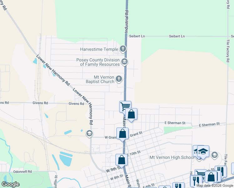 map of restaurants, bars, coffee shops, grocery stores, and more near 1511 Main Street in Mount Vernon