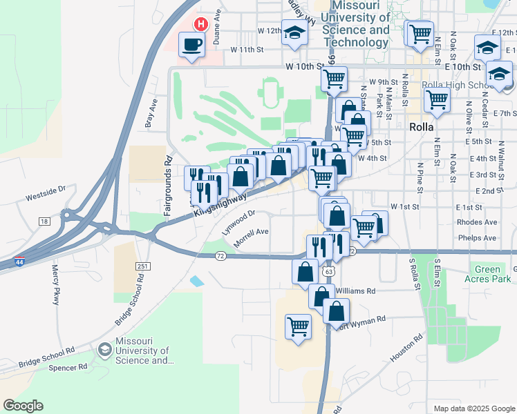 map of restaurants, bars, coffee shops, grocery stores, and more near 1010 Lynwood Drive in Rolla