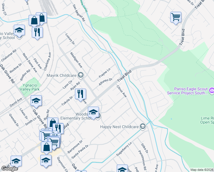 map of restaurants, bars, coffee shops, grocery stores, and more near 805 Galveston Court in Concord