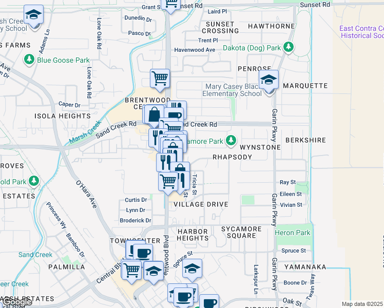 map of restaurants, bars, coffee shops, grocery stores, and more near 224 Whispering Oaks Court in Brentwood