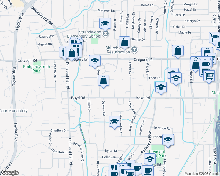 map of restaurants, bars, coffee shops, grocery stores, and more near 105 New Lane in Pleasant Hill